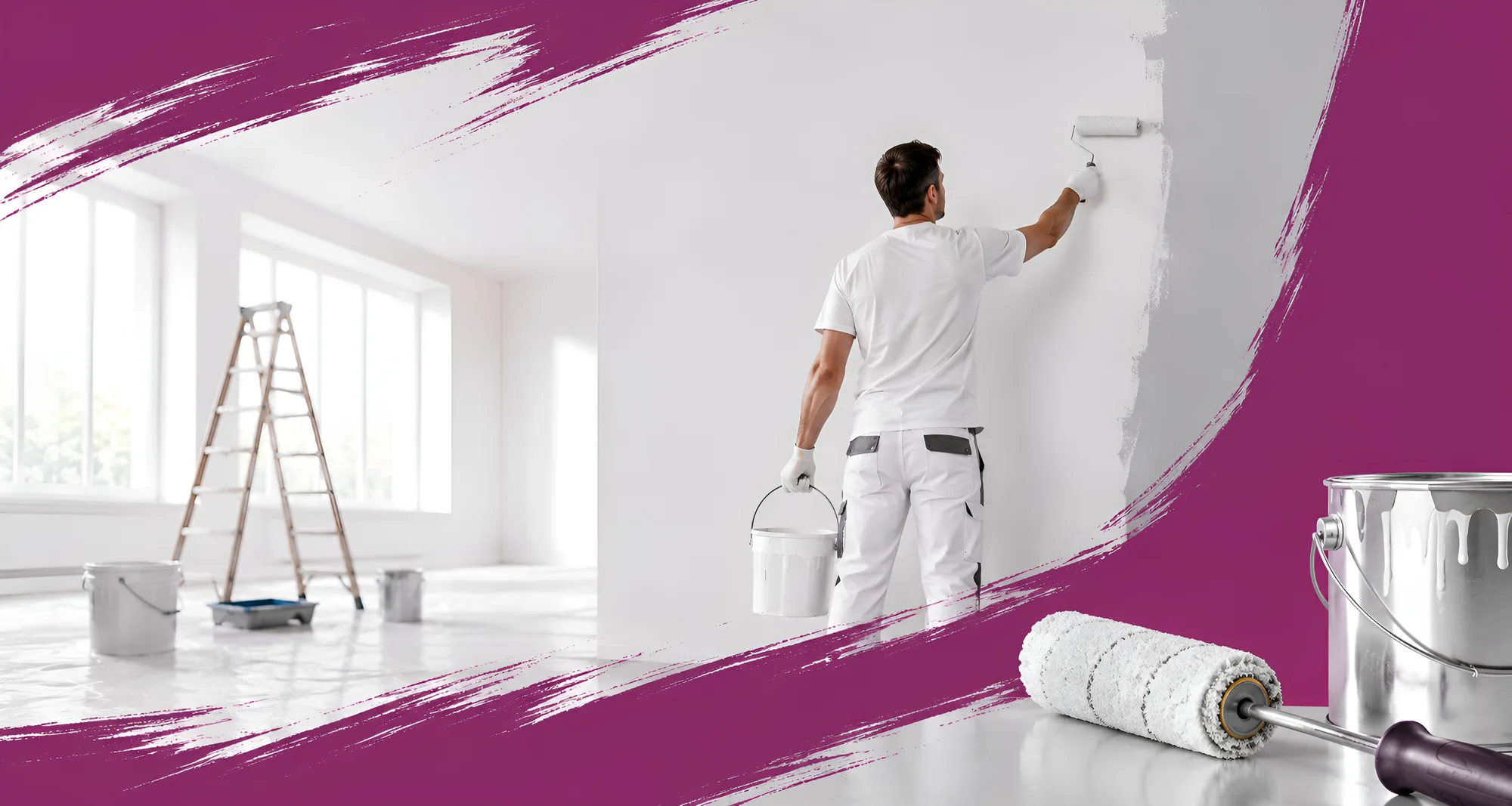Maler in weisser Arbeitskleidung streicht mit der Farbrolle eine Wand in einem leeren, hellen Raum; daneben Leiter, Farbeimer und Abstreifgitter.